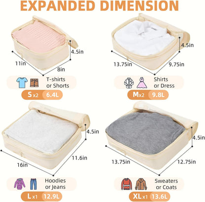 BAGAIL 4 Set/6 Set/8 Set Compression Packing Cubes Travel Accessories Expandable Packing Organizers (Square Mesh, 06-Beige)