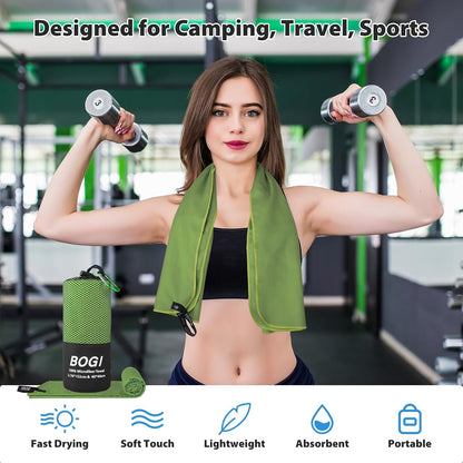 BOGI Microfiber Travel Sports Towel-Quick Dry Travel Towel,Soft Lightweight Absorbent Compact for Camping Gym Beach Bath Yoga Swimming Backpacking (L:60''x30''+16''x16''-AGreen)