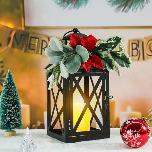 Christmas Lantern Outdoor Deror 13", 2 Pack Waterproof LED Hanging Decorative Candle Lantern with Berries Decor for Garden, Porch, Gift for Family, Friends, Women