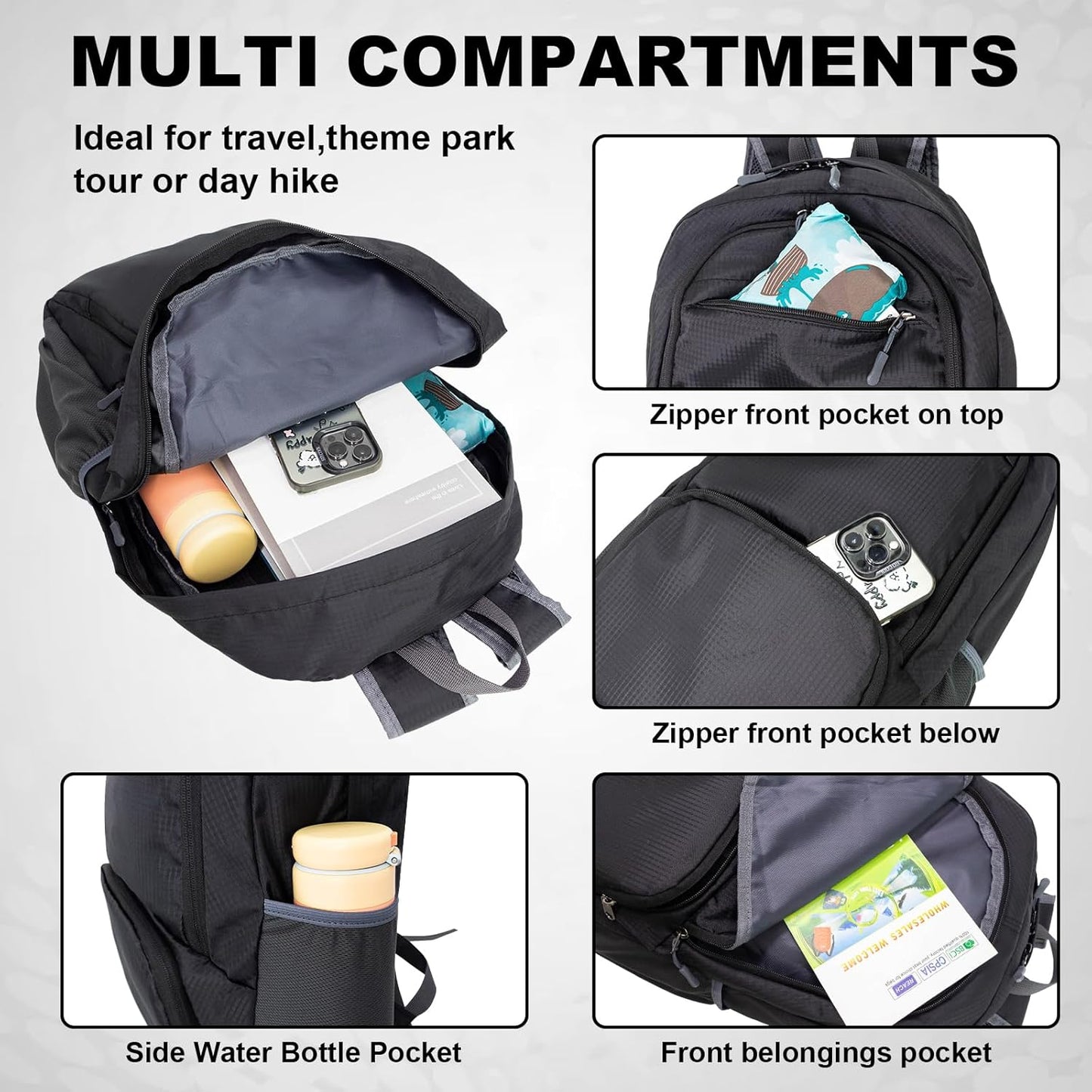 HOLYLUCK 20L lightweight packable Hiking Daypack Foldable Backpack for Men Women Small Travel Outdoor Foldable Shoulder Bag-black