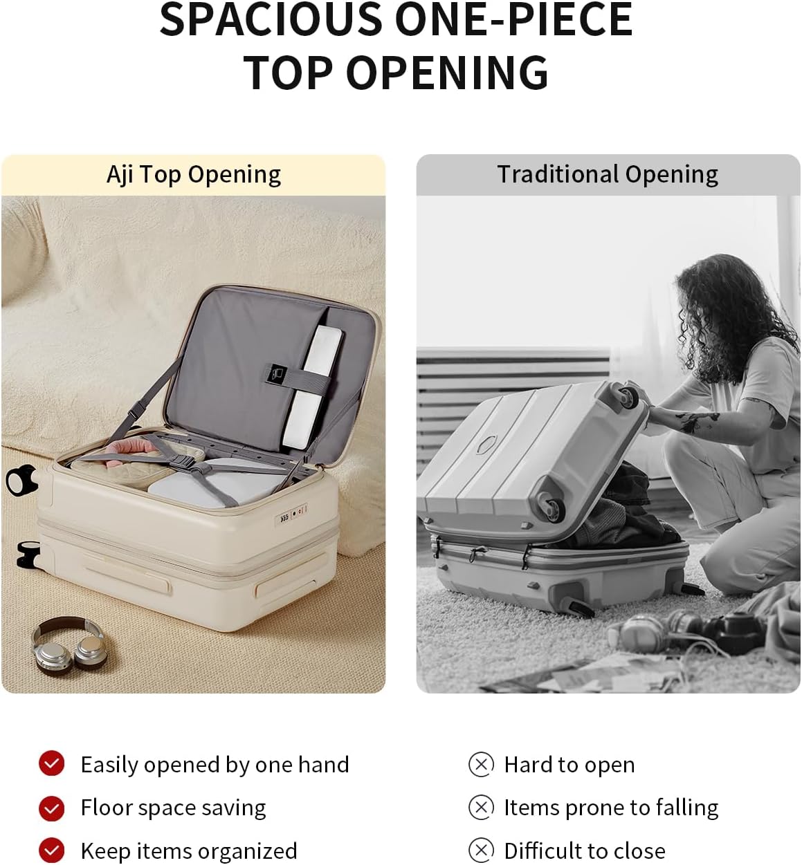 aji Expandable Top Open Carry On Luggage 22x14x9 Airline Approved, 20 Inch Hard Shell Carry On Suitcase with Spinner Wheels,Travel Small Luggage for Women Men,Coconut White