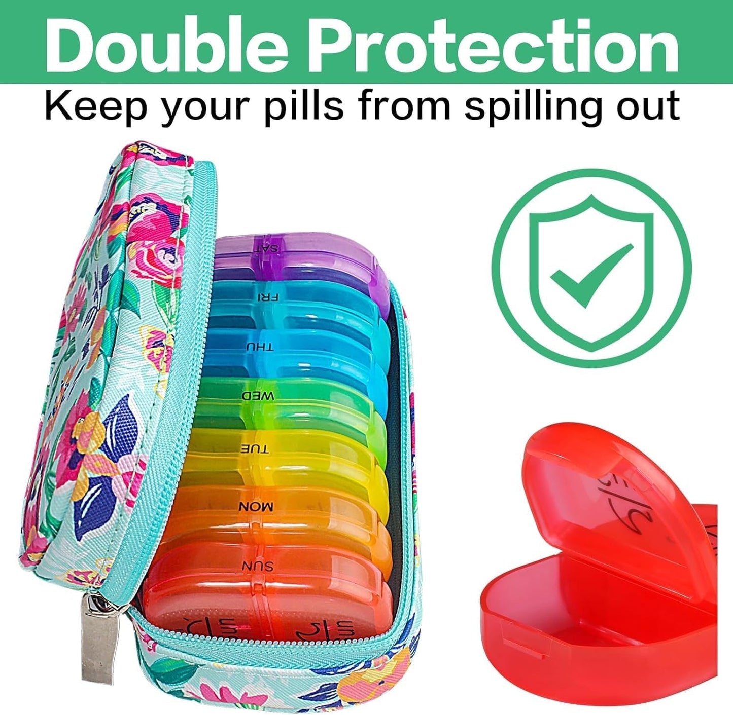 Serfeymi Weekly Travel Pill Organizer 2 Times A Day AM PM Upgraded Rainbow Pill Box 7 Day with Portable Zipper PU Leather Pill Case, Medicine Organizer for Pills, Vitamins, Fish Oils - Green-01