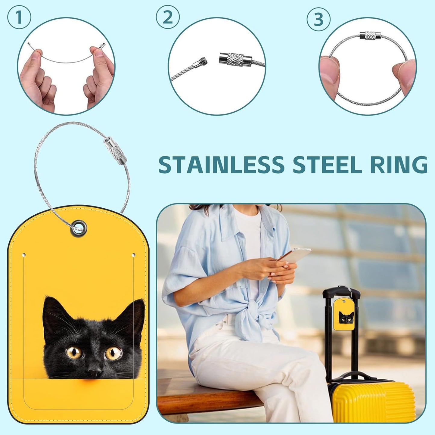 2 Pack Cute Luggage Tag for Suitcases Cute Black Cat Leather Luggage Tags with Stainless Steel Loop Privacy Flap Name Tags,Men and Women Travel Bag Suitcase Tags