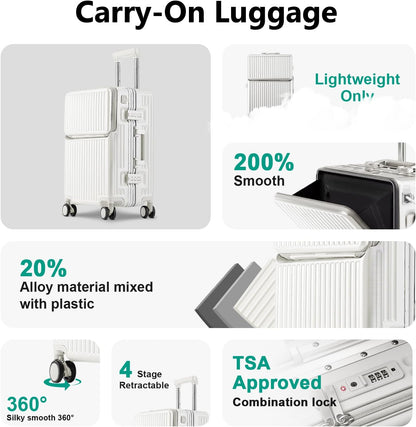 Hard Shell Luggage 20 Inch Travel Luggage, Carry-On Luggage Spinner TSA with Lid, PC+ABS Aluminum Frame，Lightweight Travel Luggage 20'' 24'' 26''Carry-On (upgraded white, 20 inch)