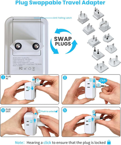 VINTAR Universal Travel Adapter Kit, International Power Adapter with 4AC and 3USB Ports(2 USB-C), Type A,B,C,D,E/F,G,H,I,L,M Swap Adapt Attachments, Travel Adapter Worldwide for Europe/Africa/India