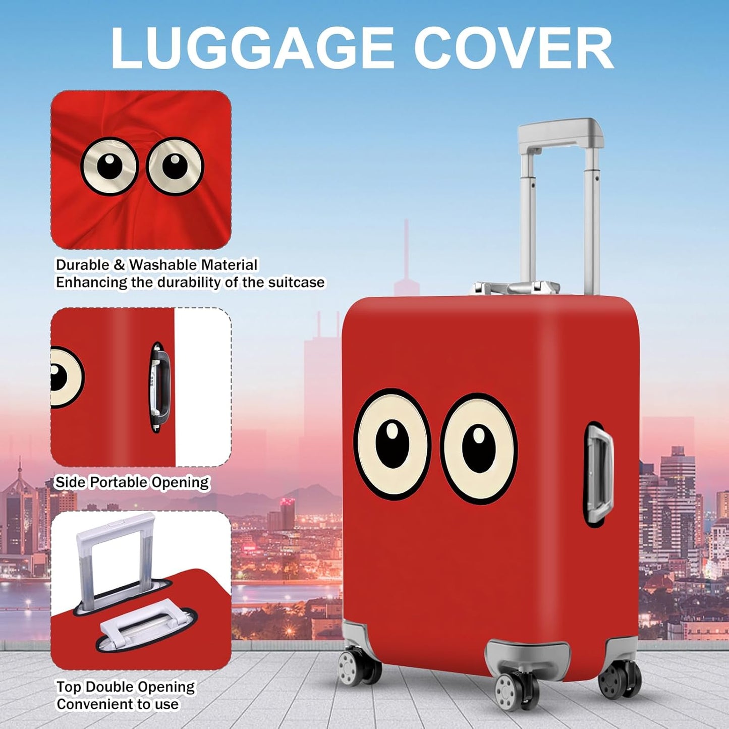ANNA QUEEN Funny Cartoon Eyes Luggage Cover, Red Suitcase Protector with Cute Big Eyes Design, Travel Suitcase Cover for 24-26 Inch Luggage, Stretchable & Washable Spandex Travel Accessories