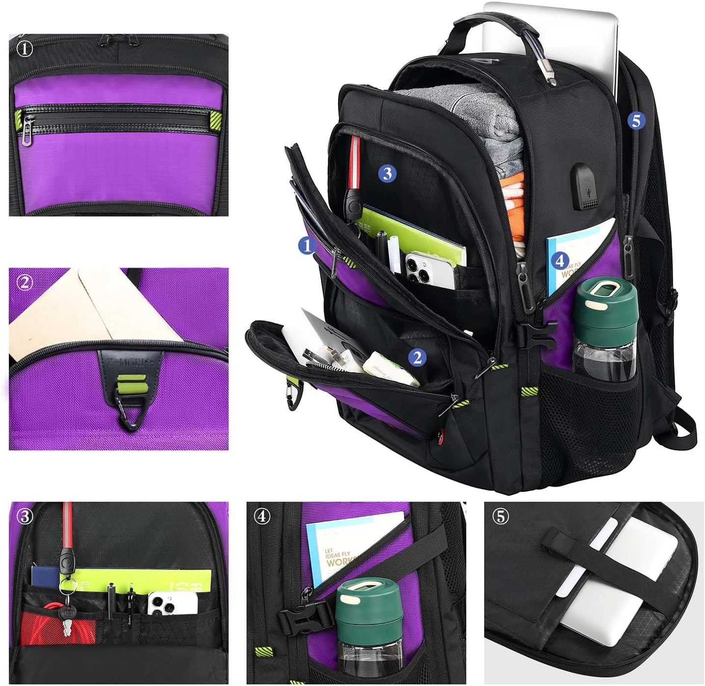 Z-MGKISS 52L Travel Backpack for Women, Large Waterproof Anti-Theft Backpack 17.3 Inch with USB Port, TSA-Approved Daypack, Gifts for Women Teacher Business College, Purple