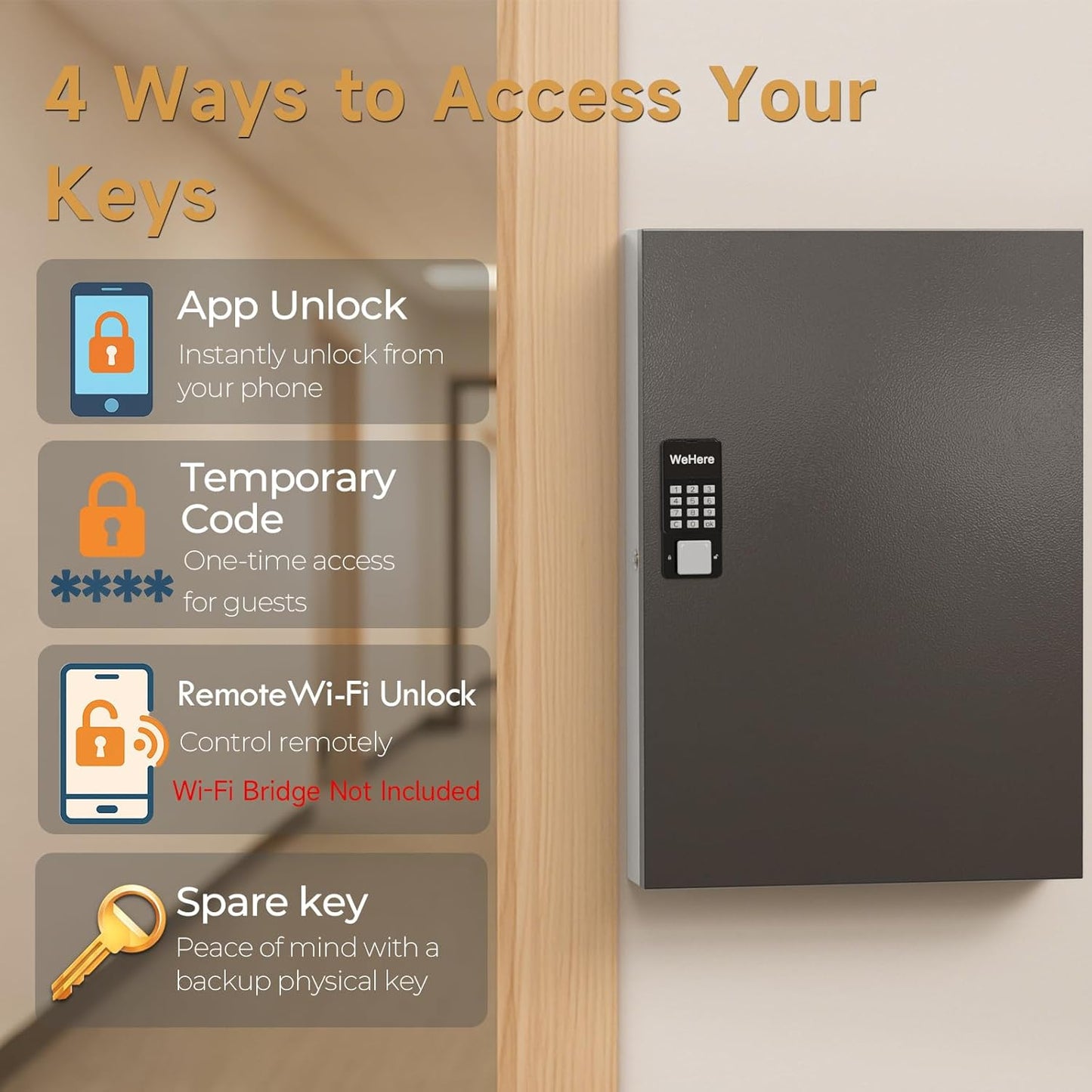 192 Key Lock Box Wall Mount, Smart Key Cabinet, One Time Password/Fixed Code/Bluetooth/Wi-Fi Remote/Key Unlock, Security Lockbox Organizer for Valets, Hotels, Car, Office Key Management & Storage