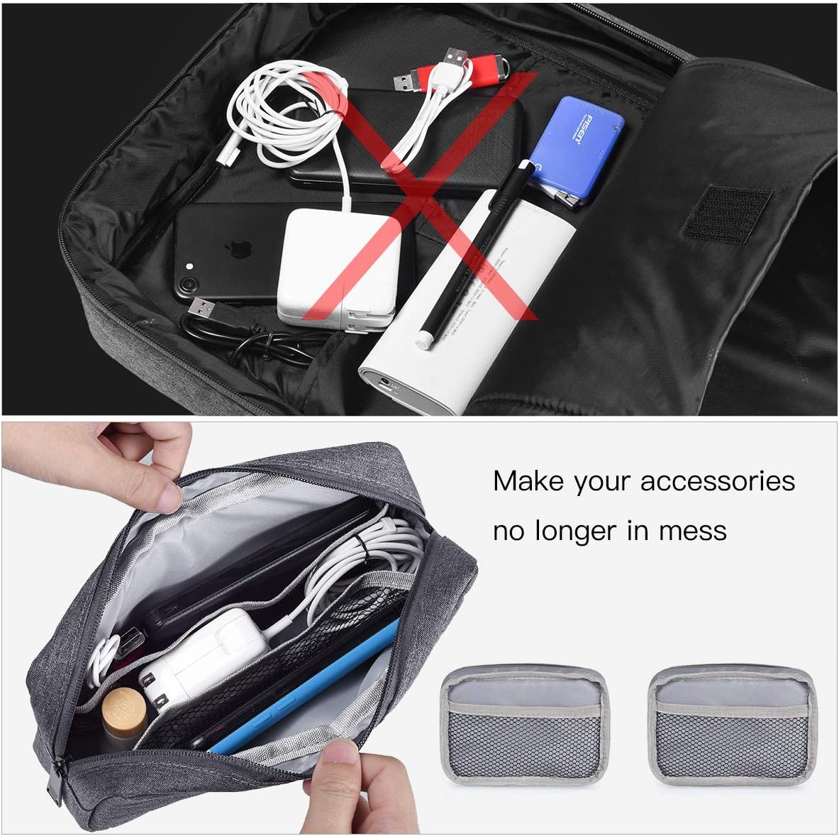 Universal Electronics Accessories Carrying Case, 2PCS Big + Small Portable Storage Pouch, Cosmetic Bag, Cable Organizer Compatible Hard Drive, Mouse, Power Bank, Adapter, Cellphone, Space Gray