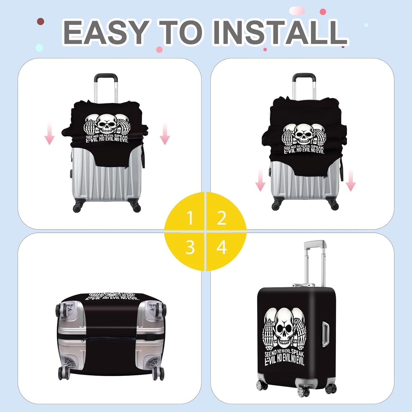 ANNA QUEEN Gothic Skull Luggage Cover, “See No Evil, Hear No Evil, Speak No Evil” Skeleton Design, Stretchable, Washable Suitcase Protector for 24-26 Inch Travel Suitcases