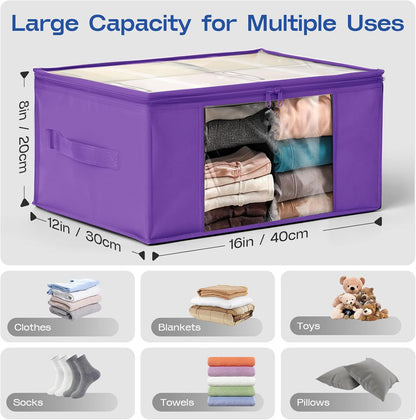 Clothes Storage Bags, Foldable Thick Fabric Blanket Storage Bags, Large Clear Window & Carry Handles, Great for Clothes, Blankets, Closets, Pillows, Toys (Purple, 4PACK)