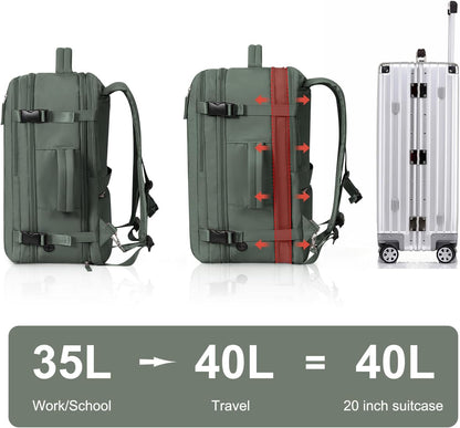 Hanples Extra Large Travel Backpack for Women as Person Item Flight Approved, 40L Carry On Backpack, 17 Inch Laptop Waterproof Hiking Casual Bag(Olive Green)