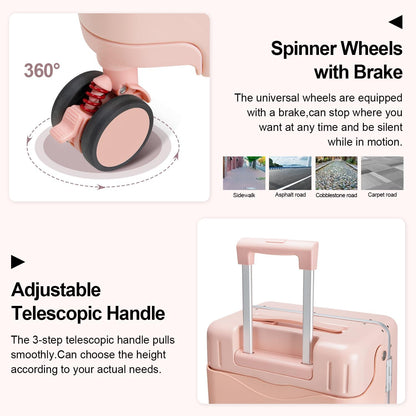 Ride On Luggage with Foldable Seat for Kids&Adults with Seat Belt,Hardshell Ride On Suitcase with Front Pocket,Lockable 4-Spinner Wheels,USB Port,TSA Lock,20 inch,Pink