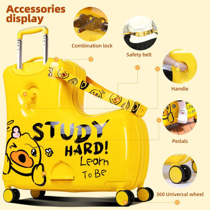 Kids' Lightweight Ride on Luggage with Spinner Wheels & Foldabe Design (Yellow Study, 24"+ Aged 3-12 Toddler)