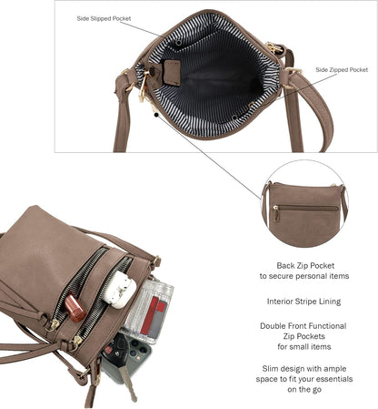 DELUXITY | Crossbody Purse Bag | Functional Multi Pocket Double Zipper Purse | Adjustable Strap | Medium Size Purse |Dark Taupe