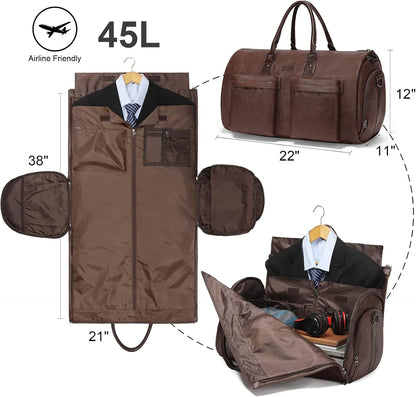 Modoker Convertible Leather Garment Bag, Carry on Garment Bags for Travel Waterproof Garment Duffel Bag Gifts for Men Women Business - 2 in 1 Hanging Suitcase Suit Travel Bags in Brown