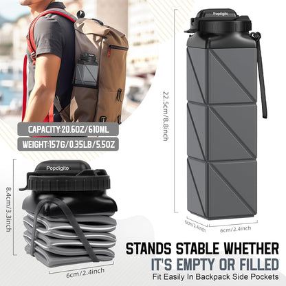 Collapsible Water Bottles 20.6oz Foldable Water Bottle BPA Free Reusable Lightweight LeakProof Travel Silicone Water Bottles for Travel Gym Hiking Camping (Upgrade Dark Grey)