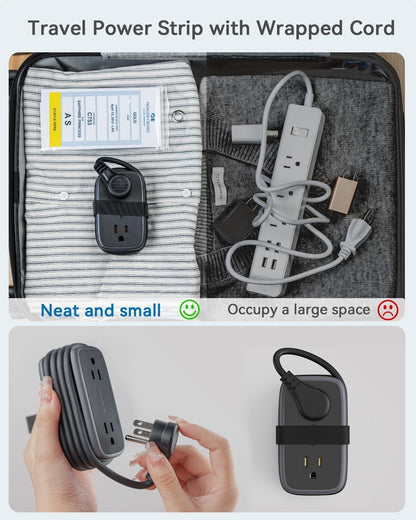 Travel Power Strip with USB Ports, NTONPOWER 4ft Flat Plug Wrapped Around Short Extension Cord with 4 Outlets 3 USB Ports, Compact for Cruise Travel Essential Hotel Home Office, Black
