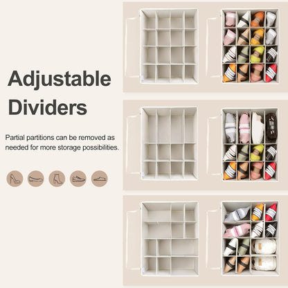 Shoe Organizer for Closet, Foldable Shoe Box with Adjustable Dividers and Clear Cover, Space Saving Shoe Storage Organizer Cabinet with Reinforced Handles, Fits 16 Pairs, Beige TP09Y