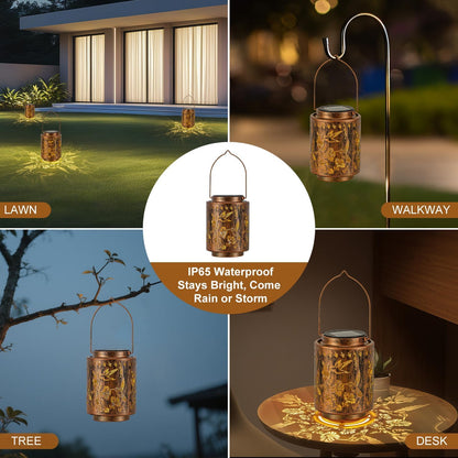 Outdoor Solar Lantern Waterproof Decorative Hummingbird and Trumpet Flower Lights with Metal Construction Warm White Glow Gifts for Mom Grandma Patio Garden Décor