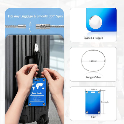 6 Pack Personalized Luggage Tags for Suitcases, Handmade Engraved Stainless Steel Custom Luggage Tags for Cruise Travel with Stainless Loop, Suitcase Identifier Metal Name Baggage Tag