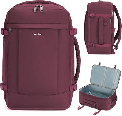 ECOHUB Travel Backpack for Women, Carry on Backpack with USB Charging Hole, Spirit Airlines Personal Item Bag Flight Approved, 15.6 Inch Laptop Backpack with Anti Theft Pockets, 30L, Red