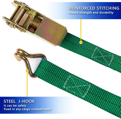 Ratchet Straps (4-Pack), 1 Inch x 16.4 Feet (2200lb Break Strength) with Sturdy Metal Hooks, 1x Work Gloves, Heavy Duty Tie Down Straps for Truck, Cargo Trailer, Motorcycle, Luggage, Moving (Green)
