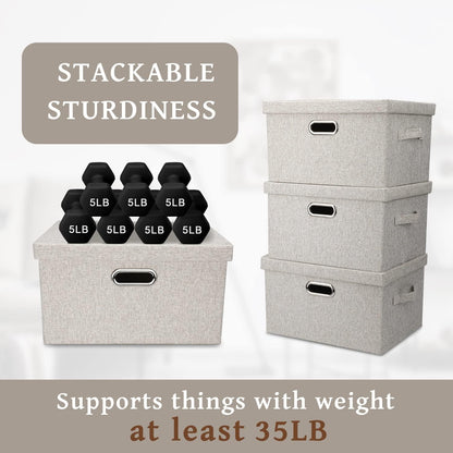 Medium 15" 21 Quart Collapsible Stackable Storage Bins with Lids, 1 Pack Beige Foldable Fabric Closet Storage Boxes with Lids, Heavy-duty Linen Baskets for Bedroom
