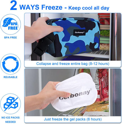 Cerbonny Small Insulated Cooler Bag, Freezable Lunch Bag for Work School Travel, 2.2L, Blue Camo