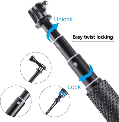 28” Extension Selfie Stick Compact Handle Grip Adjustable Pole Waterproof Monopod Accessories Compatible with GoPro Hero 13 12 11 10 9 8 7 6 Insta360 AKASO DJI Osmo Action Camera and More