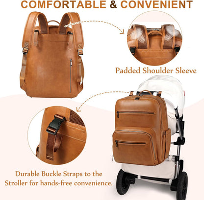 VASCHY Diaper Bag Backpack for Mum Dad, Unisex Large Waterproof Vegan Leather Baby Bag with Changing Pad,Insulated Pockets,Padded Laptop Sleeve for Travel,Brown