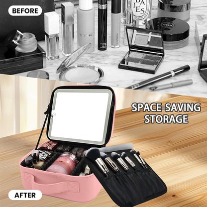 Travel Makeup Bag with LED Mirror Makeup Case with Light Up Mirror Portable Cosmetic Brush Organizer Bag with Adjustable Dividers for Cosmetics Makeup Brushes Toiletry (Pink)