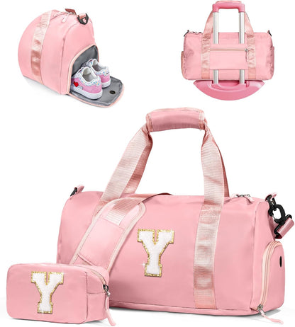 Christmas Gifts for Kids-Girl Gym Bag with Shoe Compartment, Kid Personalized Weekender Overnight Bags, Initial Travel Tote with Makeup Pouch, Graduation Gift for Girls (Letter Y)