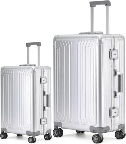 Metal all aluminum carry-on suitcase 20 "hard face, TSA lock and rotating wheel zippered luggage set (silvery, 2Piece(20/28))