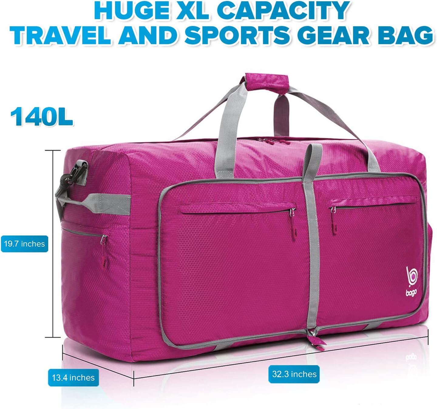 Bago Big XXL Foldable Duffel Bags for Traveling Women & Men - 140L Packable Duffle Bag for Travel with Shoe Compartment - Water Repellant, Heavy Duty, Lightweight Folding & Collapsible (Pink)