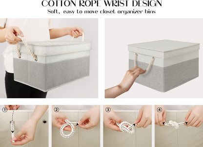 LoforHoney Home Fabric Storage Bins with Lids for Organizing, Foldable Closet Storage Boxes for Shelves, Clothes Baskets with Cotton Rope Handles, Large, Beige & Gray, 4-Pack