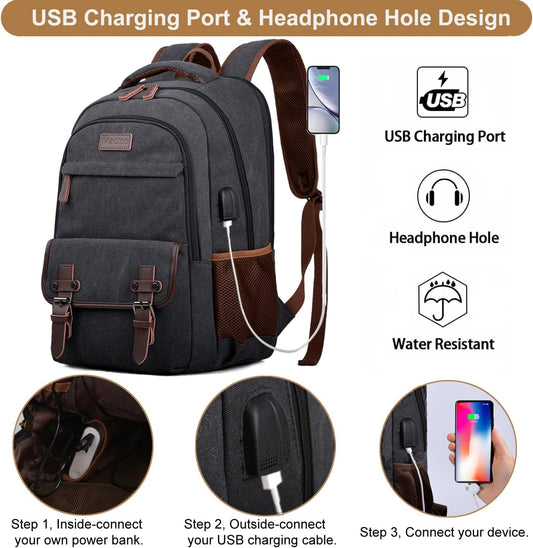 Mactso Canvas Travel Laptop Backpack for Men Women, Business Work Rucksack College School Computer Bag Fits 15.6 Inch Notebook,Bookbag with USB Charging Port (Black, 15.6 Inch)