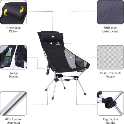 Nice C Ultralight High Back Folding Camping Chair, Backpacking Chair, Compact & Heavy Duty Outdoor, Travel, Picnic, Festival with 2 Side Pockets, Pillow &Carry Bag (One Black)