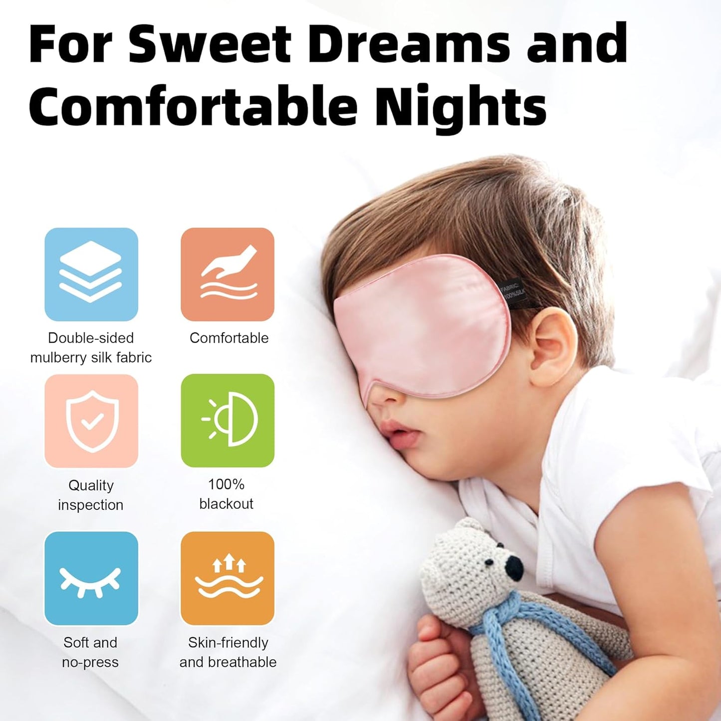 Silk Sleep Eye Mask for Kids, 100% Real Natural Pure Silk Sleeping Masks, Blindfold Sleep Eye Cover with Adjustable Strap, Soft & Lightweight Night Eyeshade for Boys Girls Teens (2 Pack)