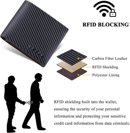 VISOUL Leather Mens Bifold RFID Blocking Wallet with 2 ID Windows, Leather Wallet for Men (Carbon Fiber, Black+Brown)