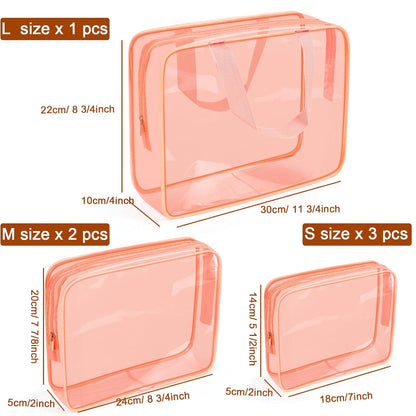 APREUTY Clear Makeup Bags, TSA Approved 6 Pcs Cosmetic Makeup Bags Set Clear PVC with Zipper Handle Portable Travel Luggage Pouch Airport Airline Vacation Organization (Peach)