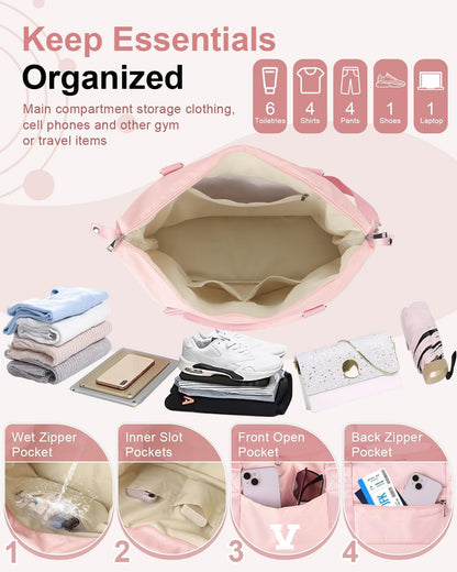 Initial Travel Duffel Bag Sports Gym Bag for Girls Teen Birthday Gifts,Pink Personalized Weekender Bag Carry On Tote Bags for Women Men,Waterproof Overnight Luggage Bag with Trolley Sleeve(Letter V)