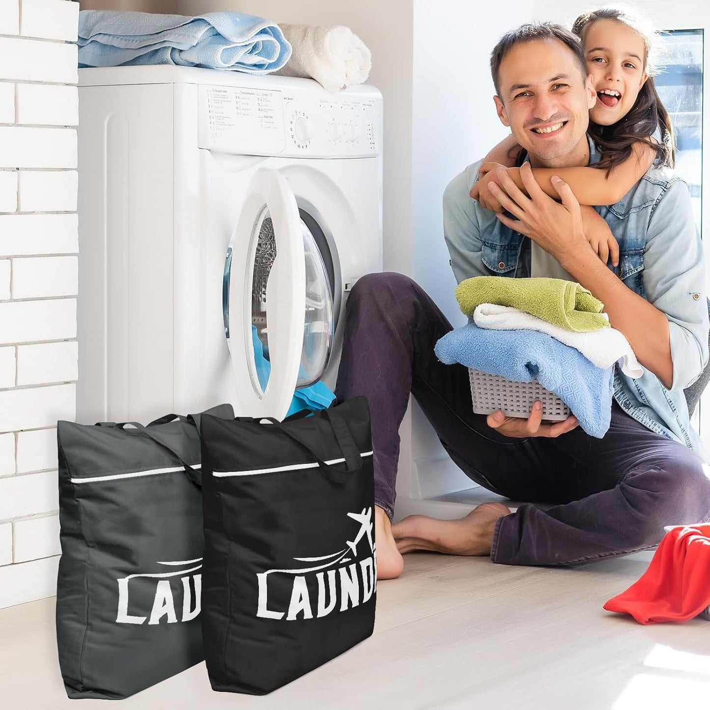 2 Pcs Large Travel Laundry Bags - Washable Waterproof Wet Dry Bags for Dirty Clothes, Swimsuits, Gym Clothes, Laundry, Swimming Pool, Yoga, College Dorm (Black+Grey)