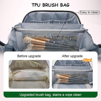 Travel Makeup Bag for Women: Large Capacity Open Flat Make up Bag Set of 3 - Vegan Leather Cosmetic Bag with Compartments - Waterproof Toiletry Bag with Handle & Divider(Green)