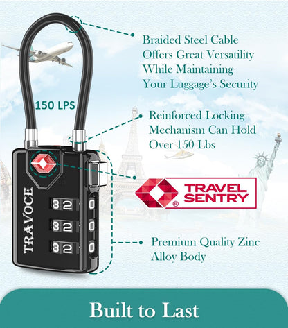 Search Alert TSA Approved Travel Combination Luggage Cable Locks for Suitcase, Gym Locker,Toolbox,Backpack 1,2,4,6 &10 pk (Black 3 Pack)
