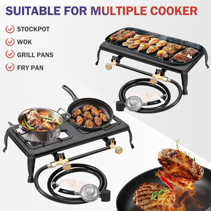 Vivicreate Cast Iron Propane Gas Stove Double Burner Heavy Duty Portable Removable Outdoor Cooker 200LB Support High Heat for Camping BBQ Fogon de Gas Estufa de Gas Portatil Parrillas de Gas