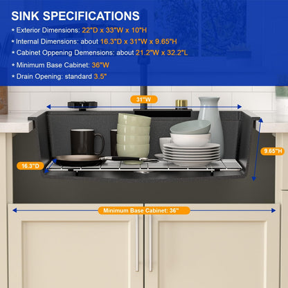 Dcolora Waterfall Smart Kitchen Sink 33x22 Drop In Single Bowl Multifunctional Kitchen Sinks With Faucet And Cup Washer,33 Inch Granite Composite (Black) DC-SFDOE00002