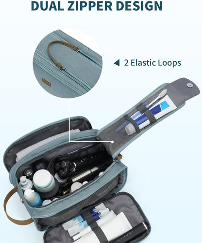 WANDF Toiletry Bag for Men Travel Toiletry Organizer Canvas and Leather Dopp Kit Water-Resistant Shaving Bag for Travel Accessories (Pale Blue, Large)