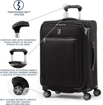 Travelpro Platinum Elite Softside Expandable Checked Luggage, 8 Wheel Spinner Suitcase, TSA Lock, Men and Women, Shadow Black, Checked Medium 25-Inch