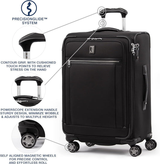 Travelpro Platinum Elite Softside Expandable Checked Luggage, 8 Wheel Spinner Suitcase, TSA Lock, Men and Women, Shadow Black, Checked Medium 25-Inch